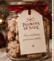 Referência de biscoitos em um pote com laço vinho e tag da campanha