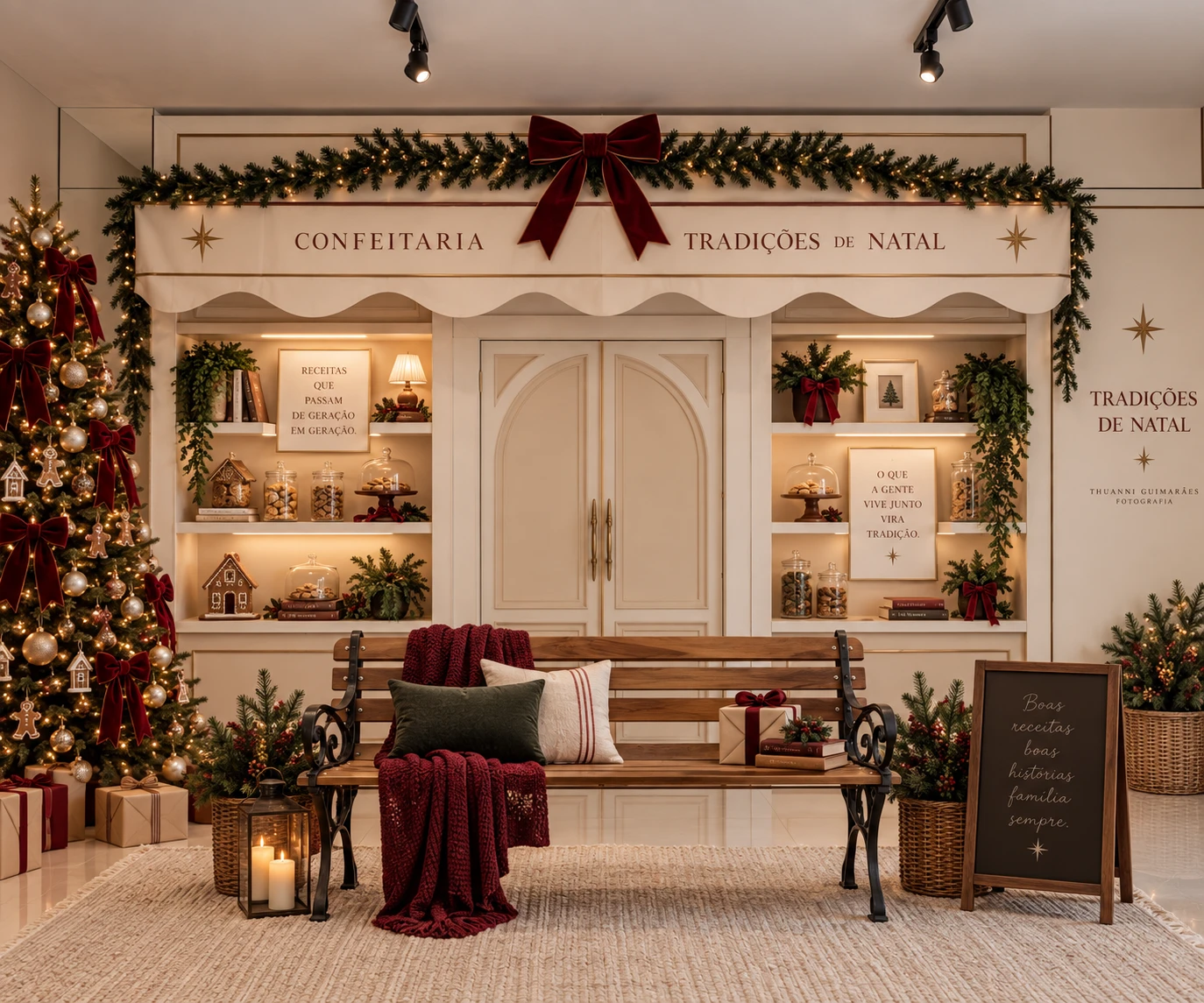 Concepção da confeitaria com portas marfim, banco de madeira, árvore de Natal e laços vinho