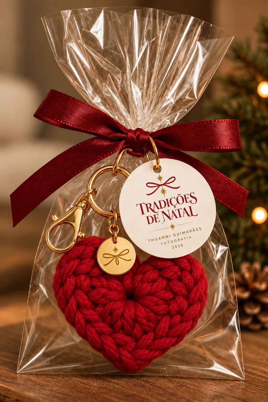 Chaveiro de coração vinho com medalha dourada, laço e tag Tradições de Natal