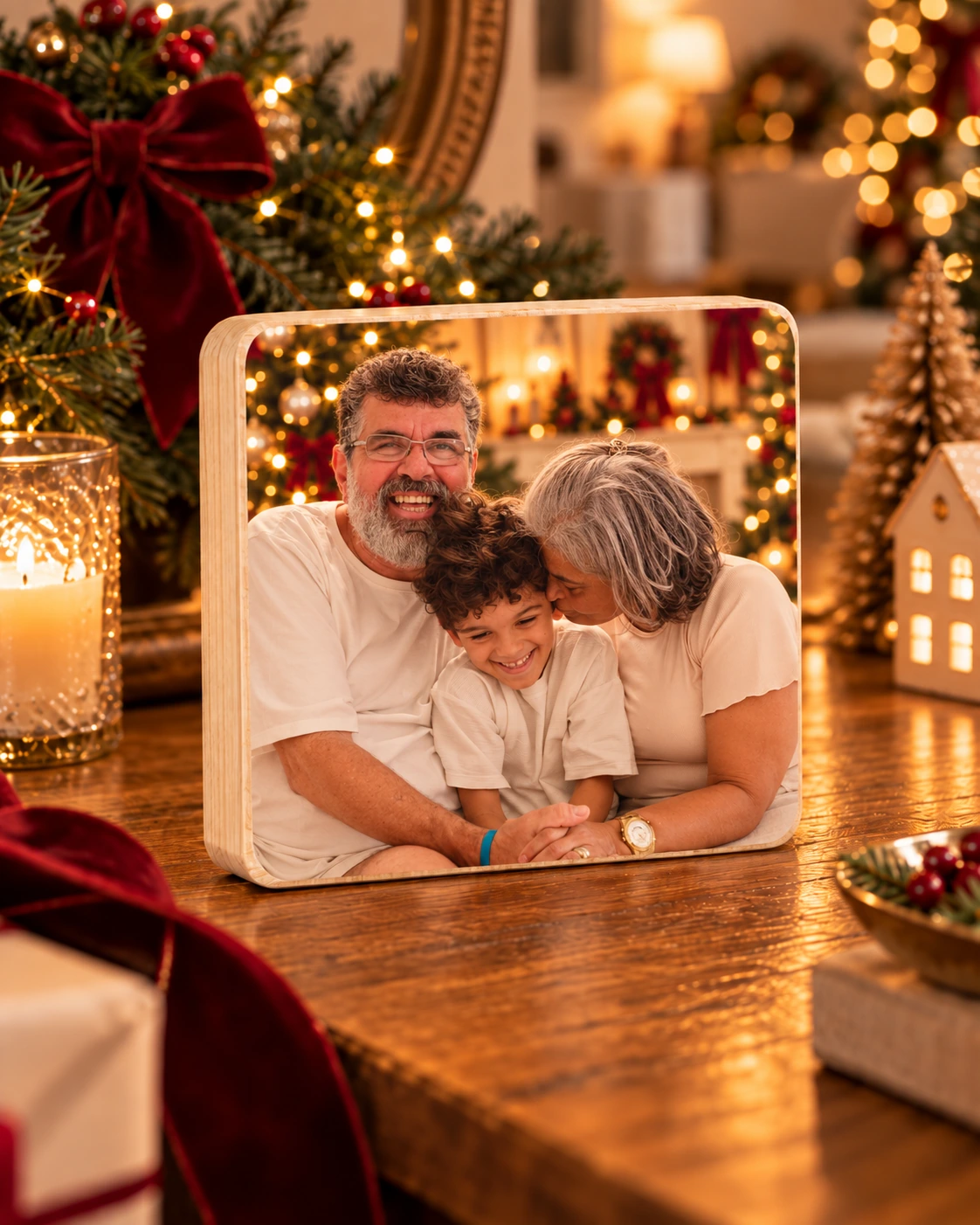 Quadro quadrado de madeira com fotografia de uma família, sobre uma mesa com laços vinho e luzes de Natal